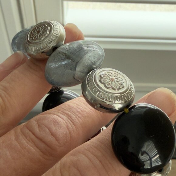 Vtg Chunky Gunmetal Black Silver Beaded Necklace Matching Set Stretch Bracelets - Picture 9 of 16